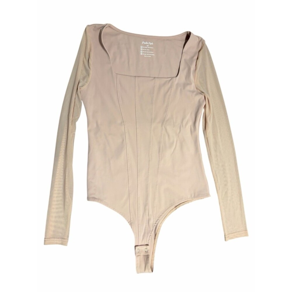 Pinkm Style Nude Square Neck Bodysuit Long Sleeve Stretch Basic Top M